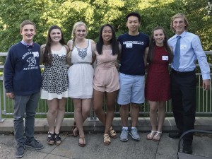 Left to right, Will Ellsworth, Moira Cummings, Alison Schulte, Maya Millette, Richard Shi, Megan Gauger, and Trey Feldeisen stand together the day of their awards.